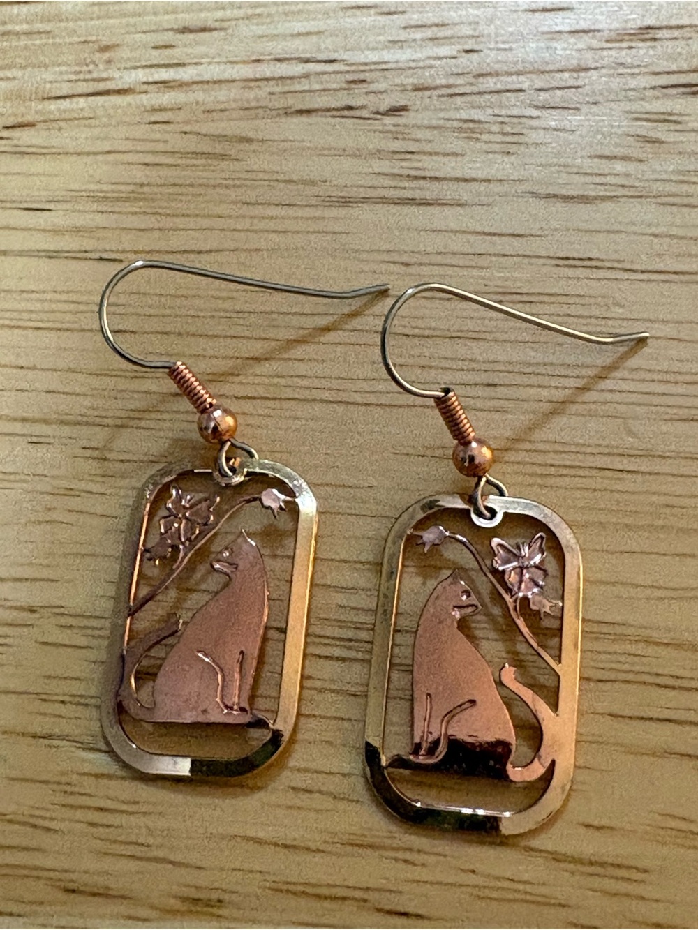 Pair of cat butterfly earrings opposite on each one ? Brass silvertone 1.5 inch